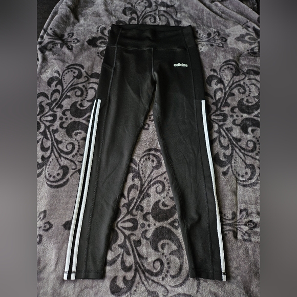 Adidas Women Size Medium White Striped Black Leggings Workout Tights Pant Pocket - Picture 8 of 9